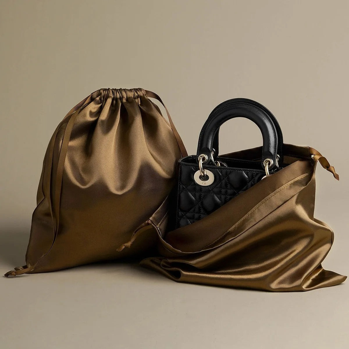 Silk Satin Drawstring Bag Clothing Jewelry Skincare Wigs Packaging Bag Storage Bag Elegant Brown Customized Logo