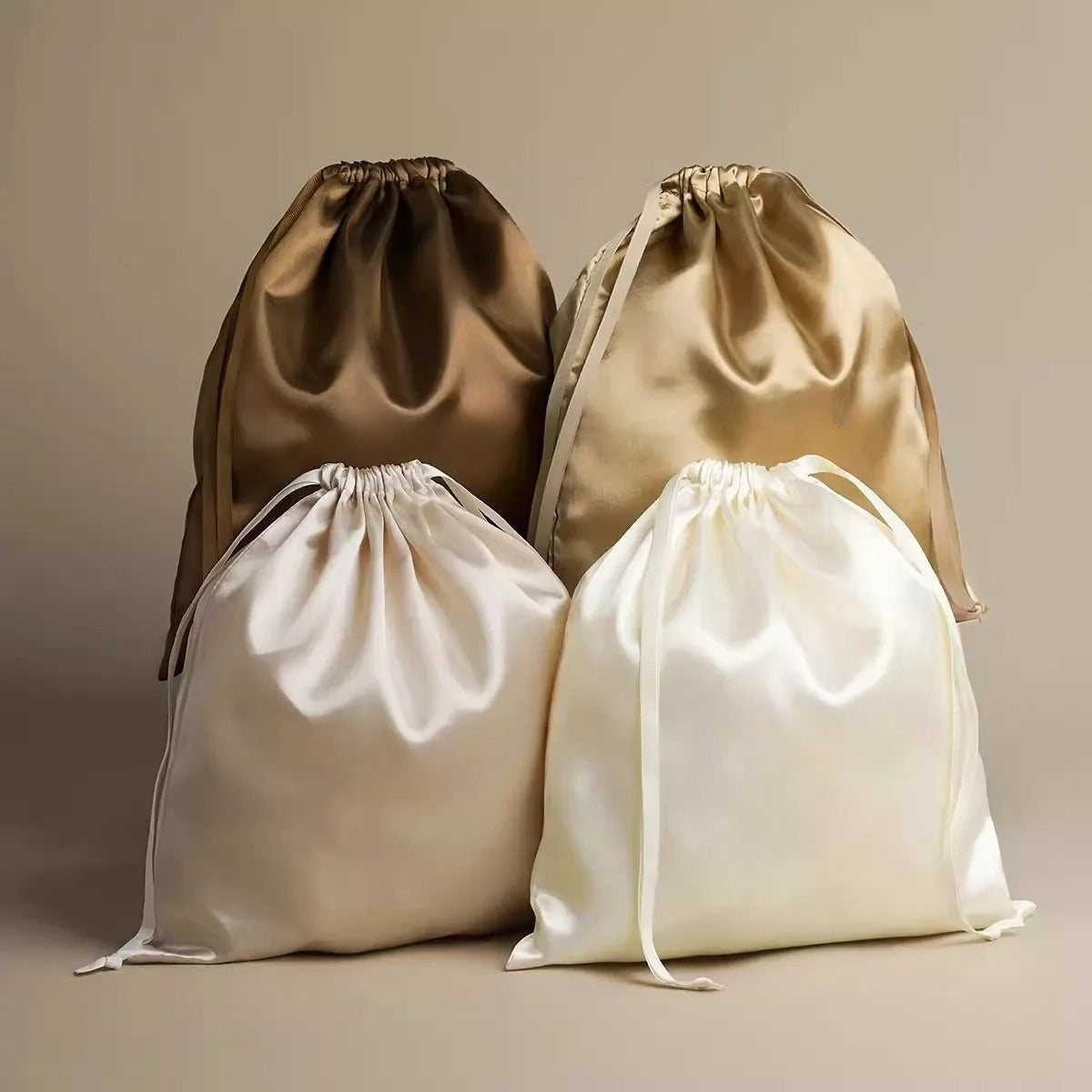 Silk Satin Drawstring Bag Clothing Jewelry Skincare Wigs Packaging Bag Storage Bag Elegant Brown Customized Logo