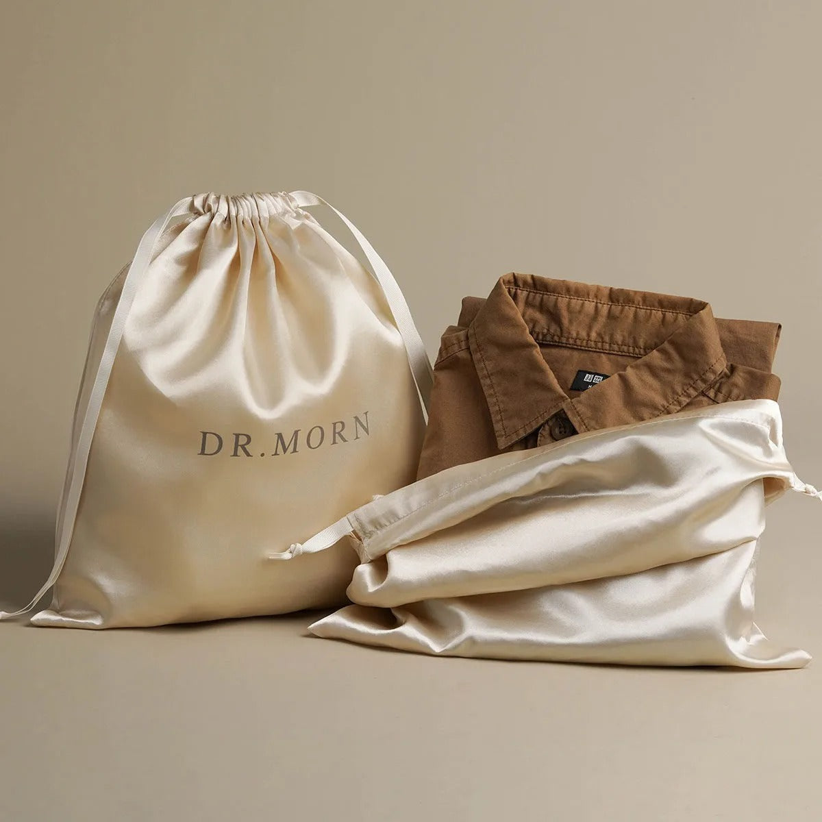 Silk Satin Drawstring Bag Clothing Jewelry Skincare Wigs Packaging Bag Storage Bag Elegant Brown Customized Logo