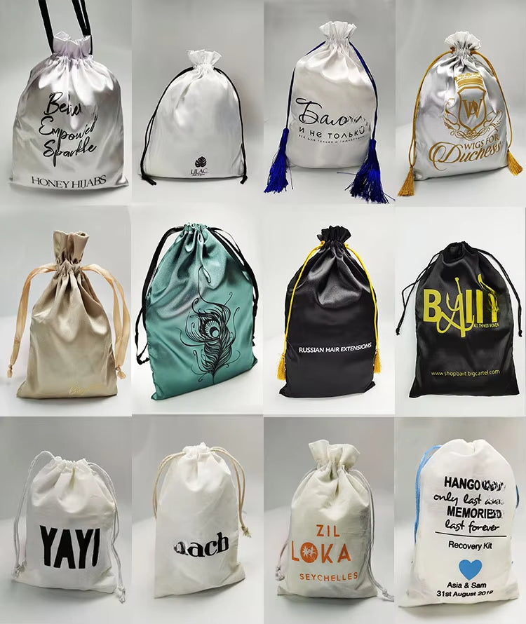 Custom LOGO Satin Packaging Drawstring Bags for Hair Wig Cosmetic Clothing Shoe