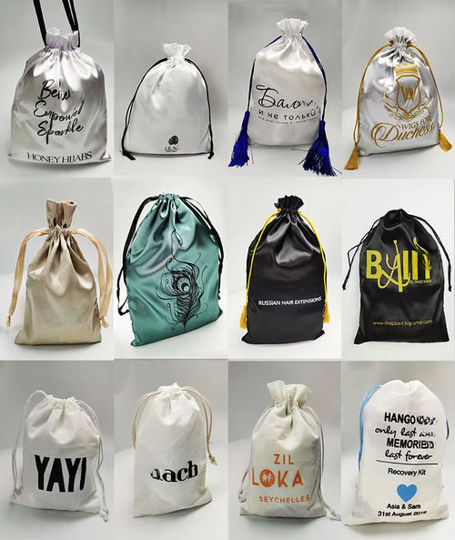 Custom LOGO Satin Packaging Drawstring Bags for Hair Wig Cosmetic Clothing Shoe