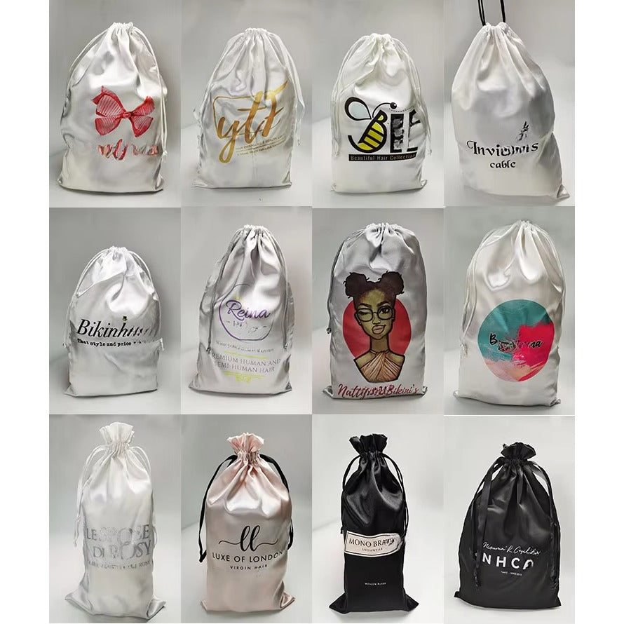Custom LOGO Satin Packaging Drawstring Bags for Hair Wig Cosmetic Clothing Shoe